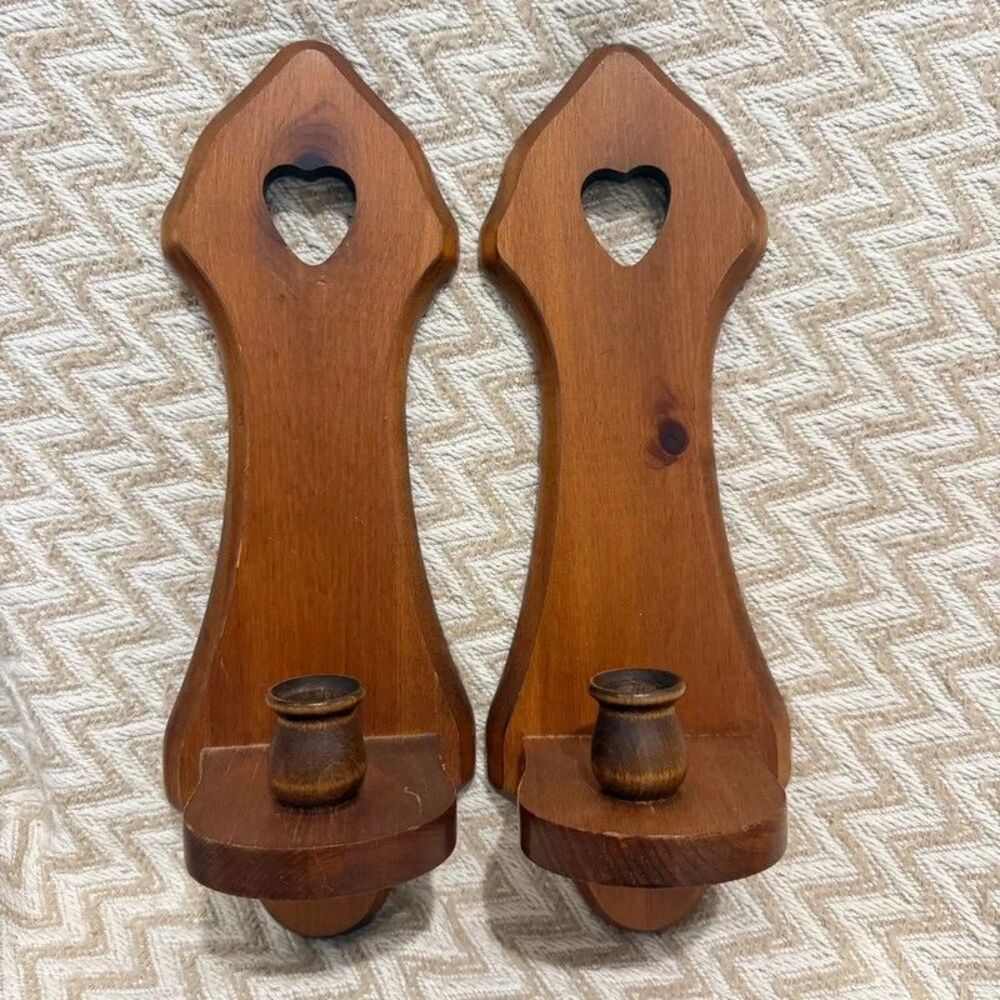 Vintage Wooden Wall Candle Holders Heart Cut Outs Set of 2
